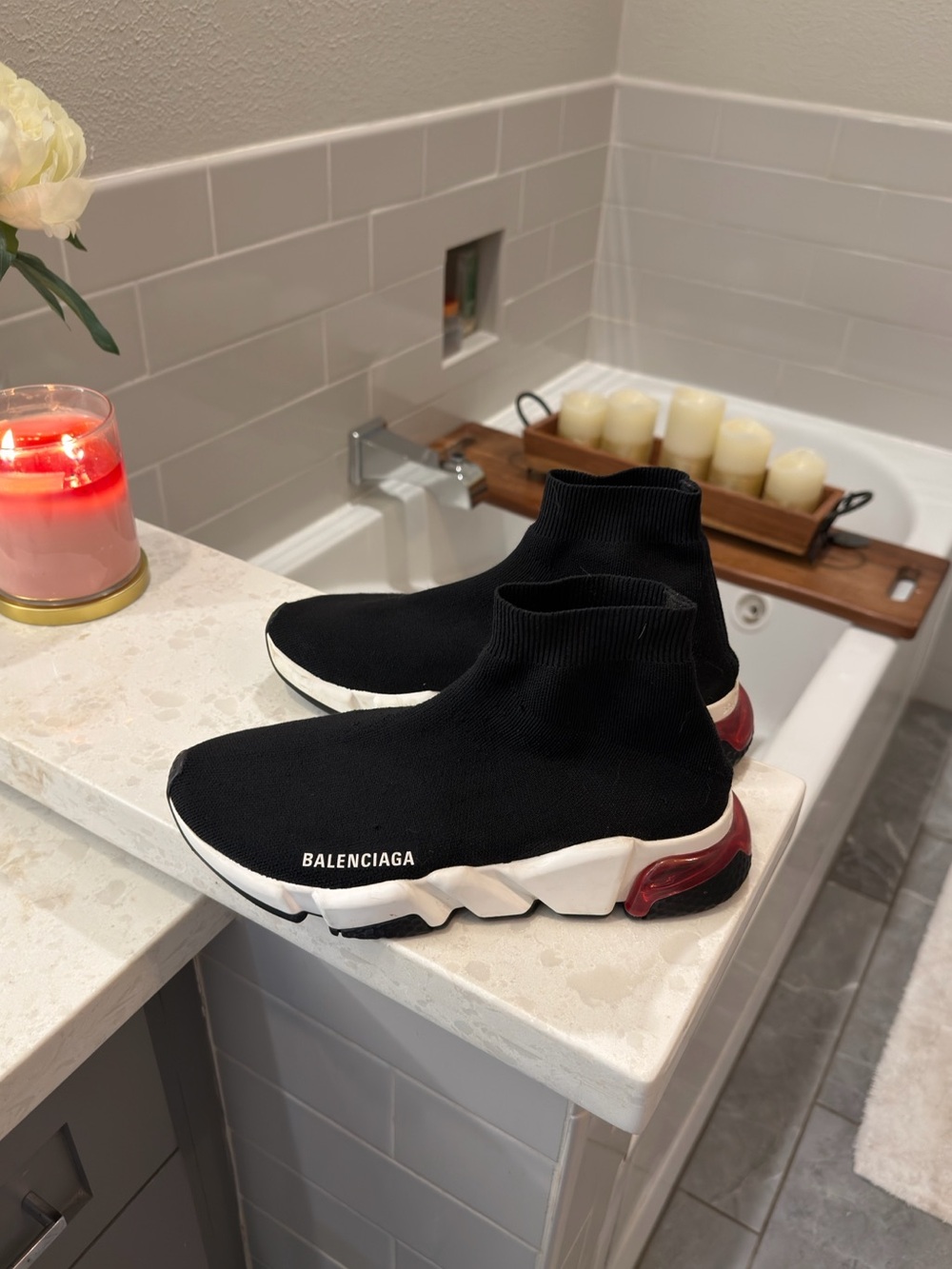 Balenciaga Black Sock Knit Sneakers with White Midsole and Red Heel Accent
